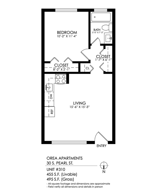 A floor plan for Orea Apartments shows a bedroom, bathroom, closet, and living room.